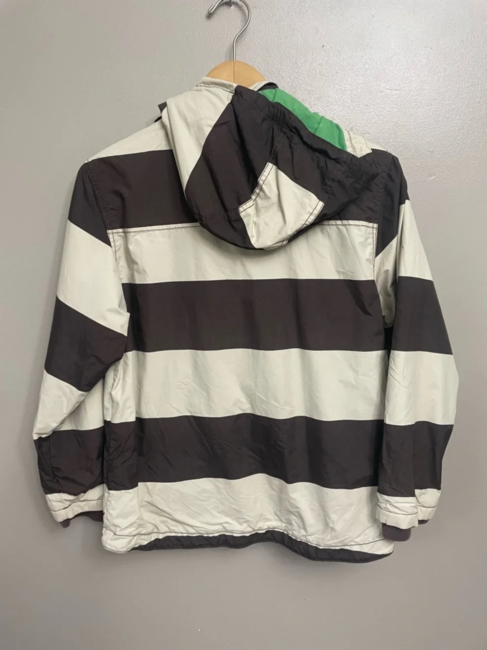 Mini Boden Hooded Rain Jacket Sz 9-10 YR unisex brown striped full zip lined